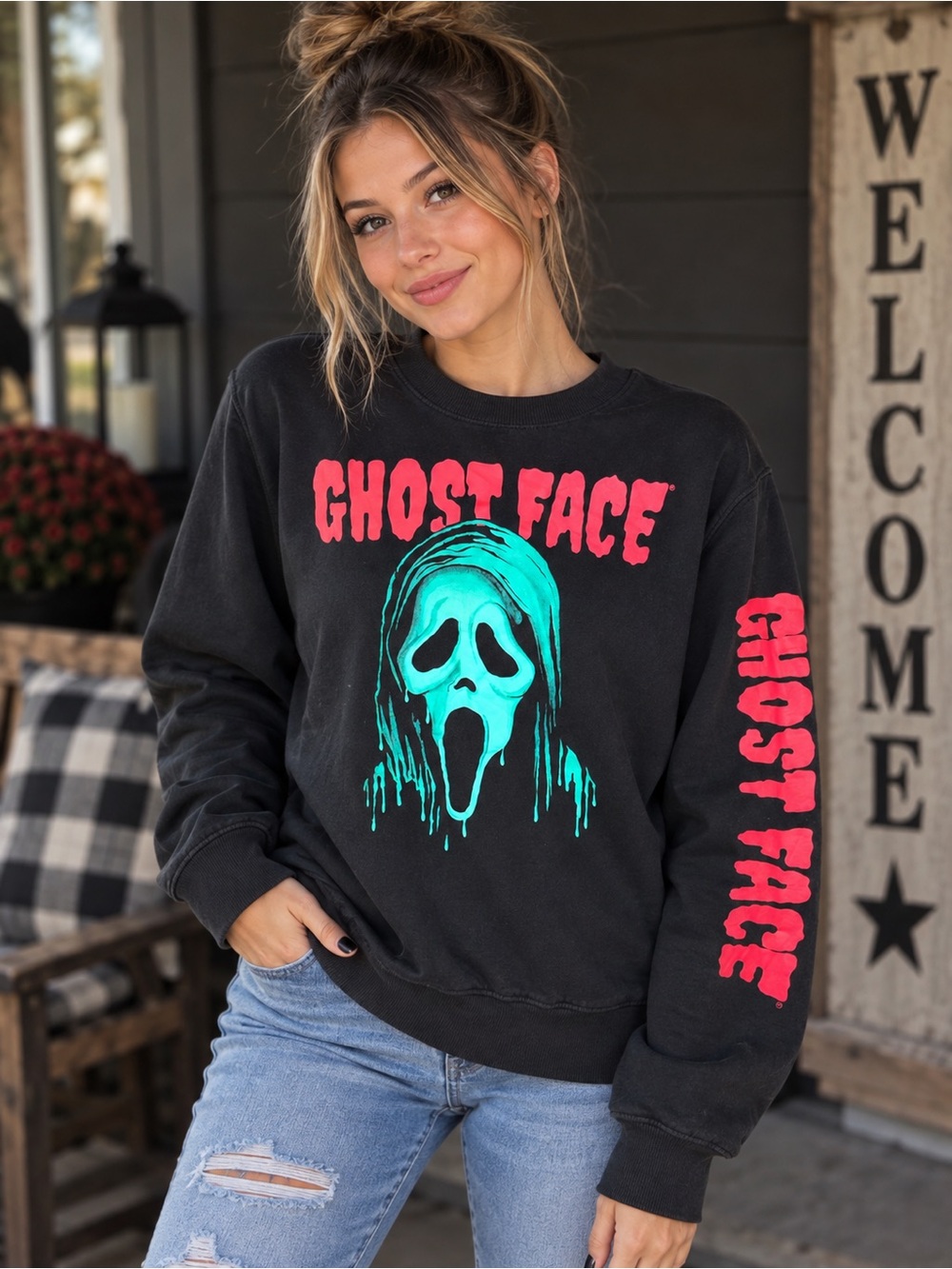 Ghost Face Graphic Crewneck Sweatshirt - Black with Teal & Pink